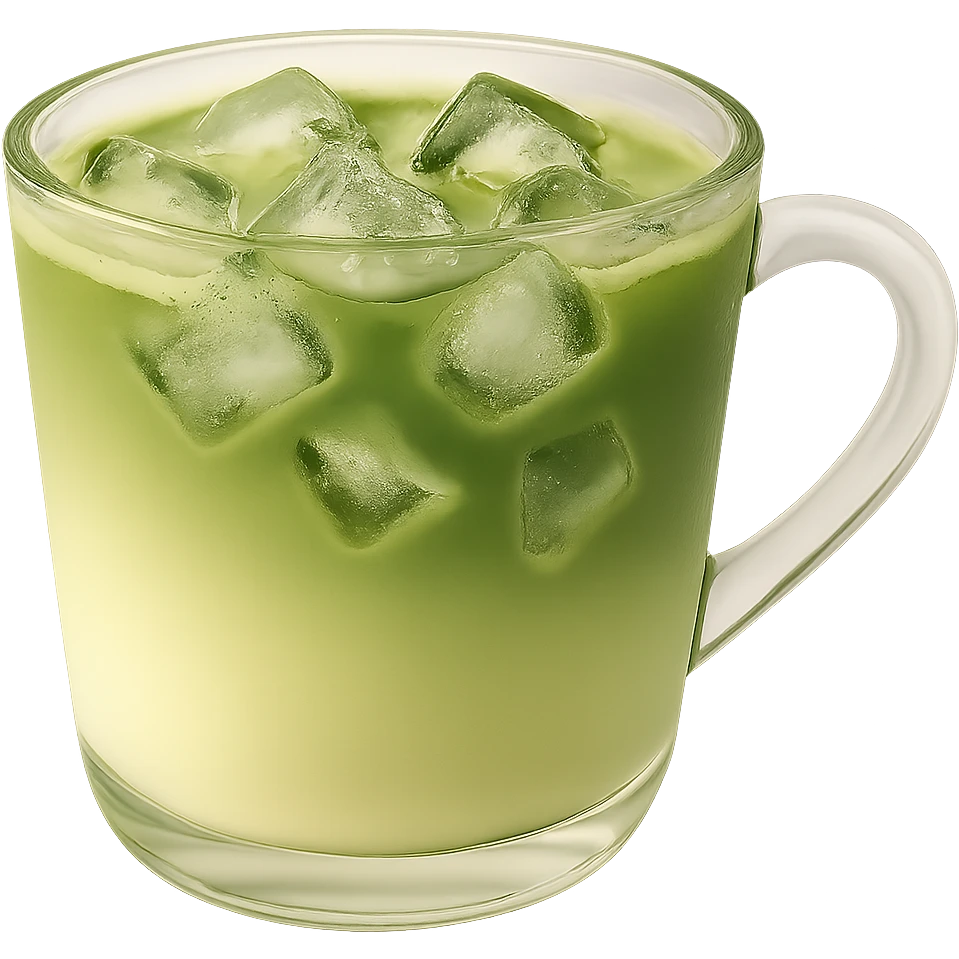 Add ice cubes to the matcha latte in the transparent cup, maintain the charming green-to-milk gradient and dreamy feel, no background. Keep the dreamy and charming look with a smooth gradient and transparent cup. emoji