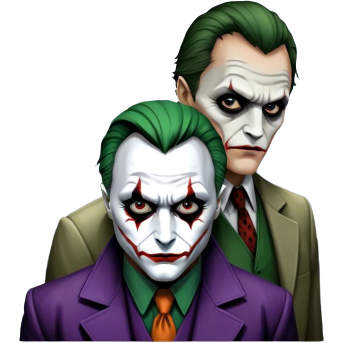 Thriller movie icon: A close-up collage with eerie, dramatic elements. Include the Joker, Hannibal Lecter, and a dark, moody Gotham City skyline in the background. The characters should look intense and shadowed, creating a tense atmosphere. Transparent background. emoji