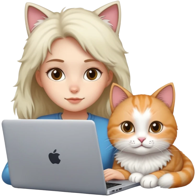 A girl is working on a laptop with a cat lying next to it emoji
