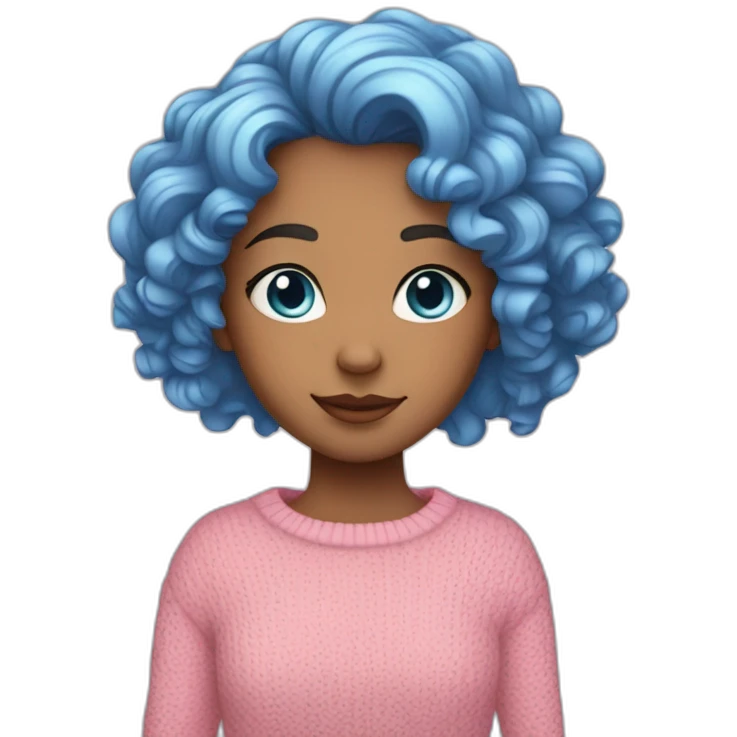 A girl, with curly blue hair, blue eyes, wearing a pink sweater, fair-skinned emoji