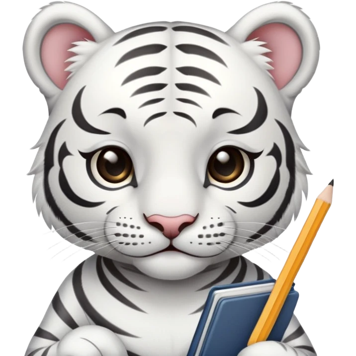 A cute white tiger holding a notebook and pencil emoji
