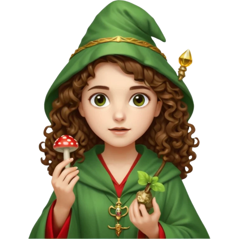 very beautiful italian girl, looking like Emma Watson, with curly and big volume very bright brown hair, and a golden piercing ring in nose on left side, dressed in a beautiful wizard robe of green colors, holding red fly mushroom emoji