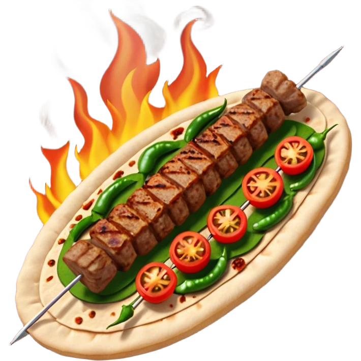 Adana kebab object icon, spicy grilled minced meat skewer, served on flatbread, grilled tomatoes and green peppers on the side, smoky char marks, juicy texture, 3D cartoon, mobile game icon style, centered, clean background, no text, no watermark
 emoji