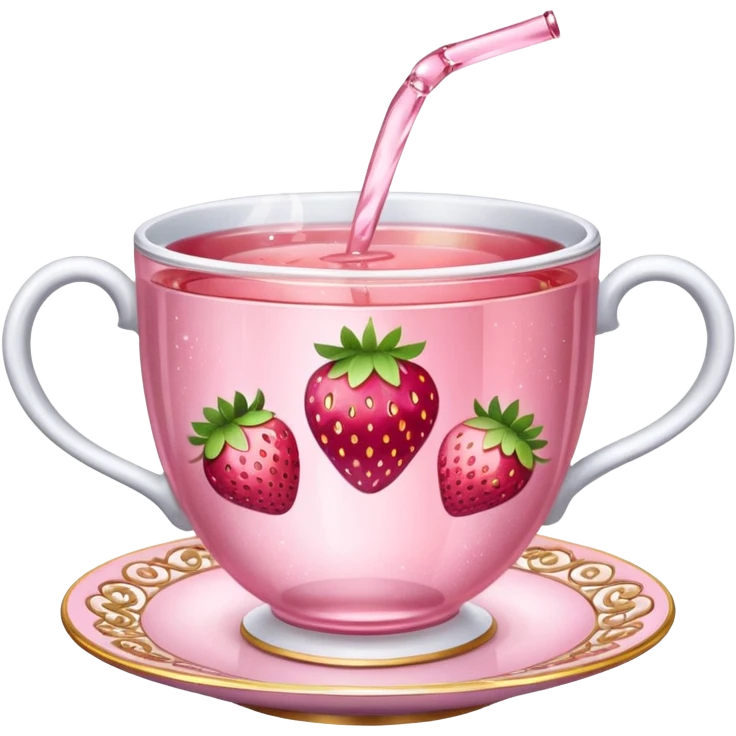 Pink sparkling tea cup with strawberry tea in it emoji
