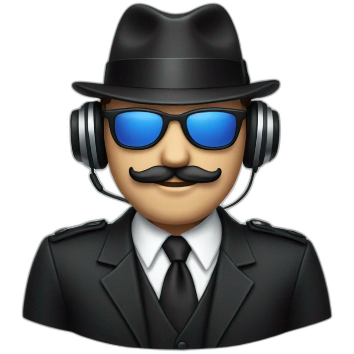 A man with a beige skin, a black suit, a tie, a fedora hat, headphones, sunglasses and a mustache emoji