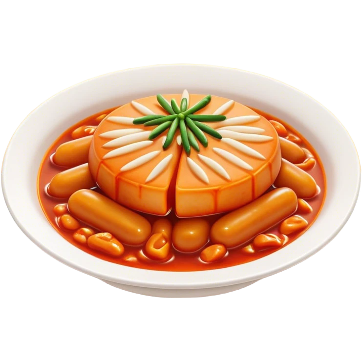 Cinematic Realistic Tteokbokki Dish Emoji, showcasing spicy, chewy rice cakes in a fiery sauce rendered with lifelike detail and bold, dynamic lighting. emoji