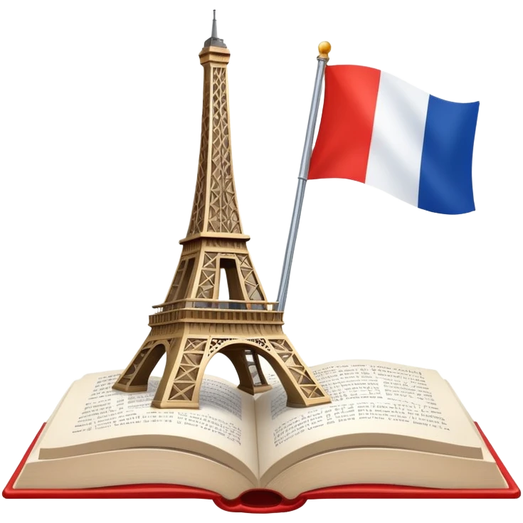 An icon featuring the Eiffel Tower and the flag of France, symbolizing the French language. The design includes an open book with French text, representing language learning and French culture. Transparent background highlights the elegance of the French-speaking world. emoji