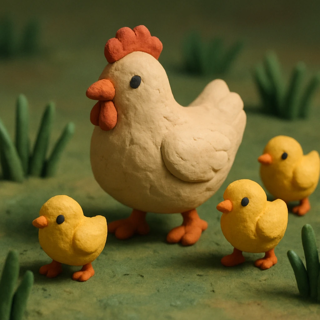 hen and chicks walking in grass, soft lighting, hand-molded details emoji