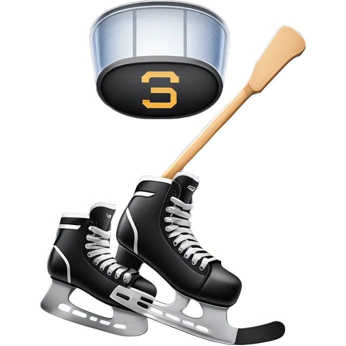 Please, make An icon featuring close-up shots of key hockey equipment: a hockey stick, puck, and skates. The background shows a packed stadium with cheering fans, bright arena lights, and an icy rink. Transparent background highlights the essentials of the game and the thrill of the sport. emoji