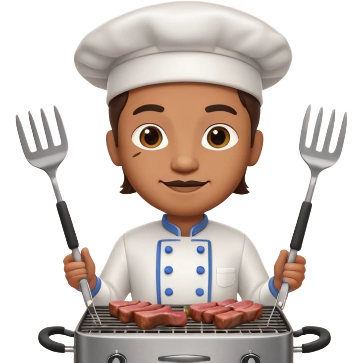 A 3D cartoon cook flipping meat on a grill with tongs, gentle smoke effect, Memoji-style lighting. emoji