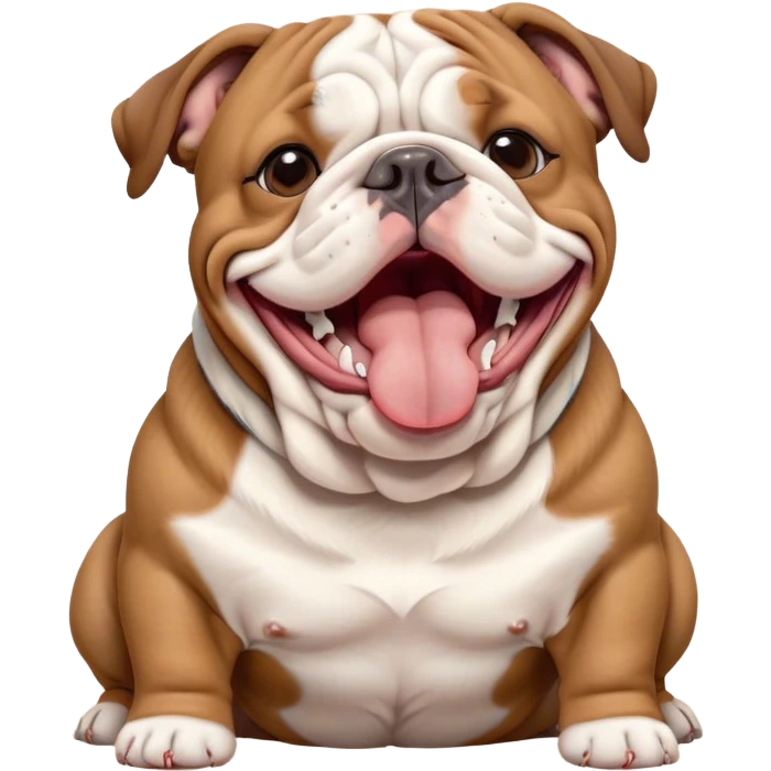Cinematic Cute Yawning Brown and White English Bulldog Portrait Emoji, Head tilted slightly with a dramatic, wide-open yawn, showcasing a smooth brown and white coat with a defined pattern, floppy ears slightly drooping, round brown eyes barely open in drowsy contentment, Simplified yet irresistibly adorable features, highly detailed, glowing with a soft, cozy glow, high shine, relaxed yet expressive, stylized with a touch of whimsy, bright and endearing, soft glowing outline, capturing the essence of a sleepy yet affectionate guardian, so drowsy it feels like it could stretch out of the screen and curl up for a nap! emoji