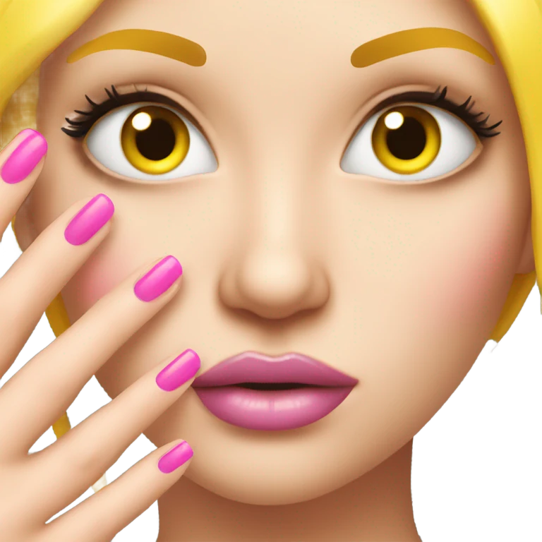 Sassy yellow emoji with long eye lashes and showing off long pink nails emoji