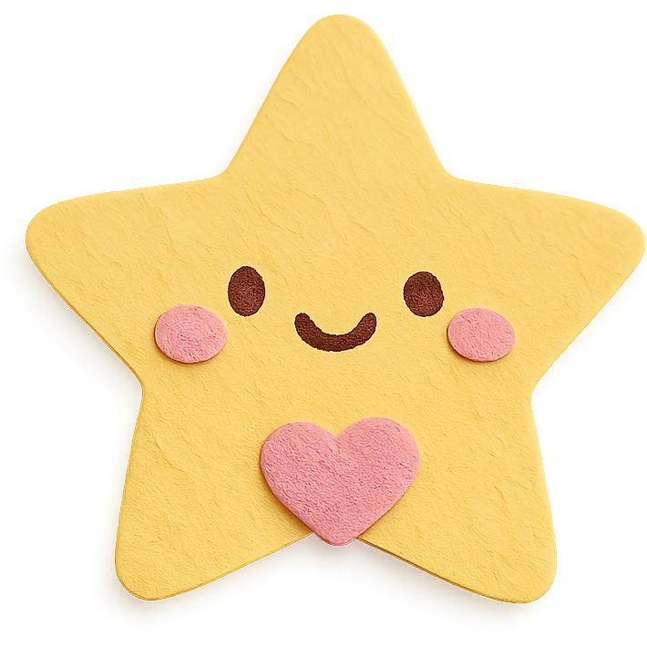 Happy pastel yellow star with a tiny pastel heart in front, no arms or legs, full body, transparent background, kawaii paper craft style. emoji