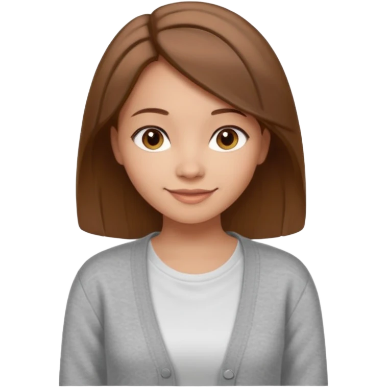 The girl has straight medium-length brown hair, light skin, wearing a white t-shirt and gray cardigan. Gentle smile, friendly neutral expression emoji