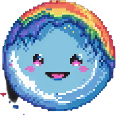 rainbow planet with colorful pixelated clouds and a happy winking face emoji