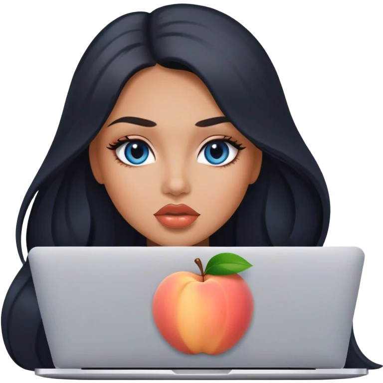 Glamours tanned very beautiful girl with big pump peach lips and almost black straight smooth silky long hair, blue-grey eyes with MacBook emoji
