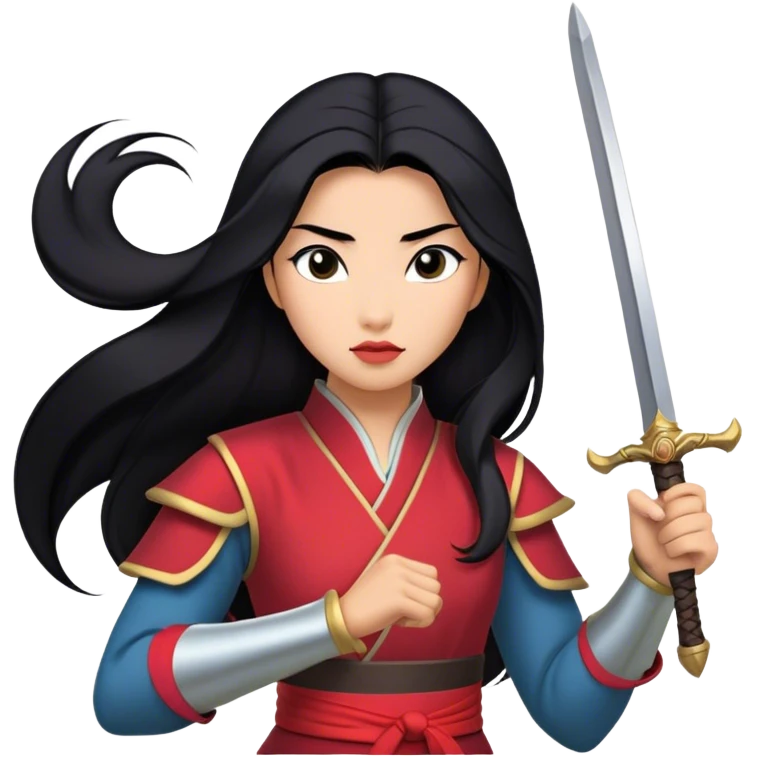 Cinematic Realistic Mulan Portrait, depicted with lifelike skin texture, soft natural lighting, and intricately detailed long black hair styled elegantly. Her deep, expressive eyes exude determination and grace, complemented by a serene yet confident expression. She stands with one hand resting on the hilt of her sword, the other by her side, exuding strength and poise. She is dressed in her classic attire, with rich fabric textures and delicate folds that catch the light beautifully. The portrait features a soft, enchanting glow with a natural, radiant finish, capturing the essence of timeless strength and beauty in a realistic and painterly style, evoking a sense of depth and authenticity. emoji