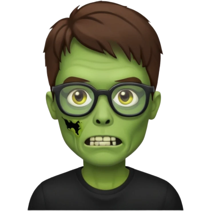 Green zombie, brown hair, black glasses, black shirt. iOS style. emoji