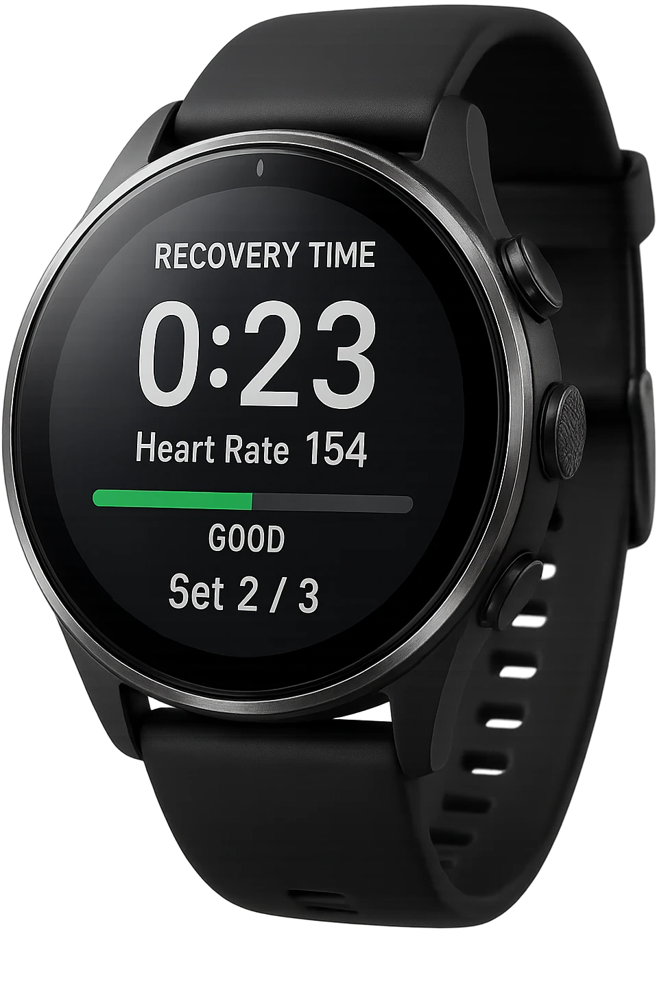 smartwatch che misura il tempo di recupero tra una serie e l'altra in allenamento, iperrealistico 4k emoji