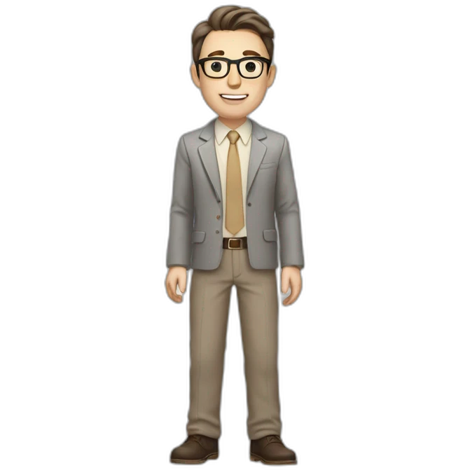 Full height Actively Gesturing Pale skinned fit man with dark brown hair in gray jacket, beige office shirt, brown tie, brown pants and vintage glasses. emoji