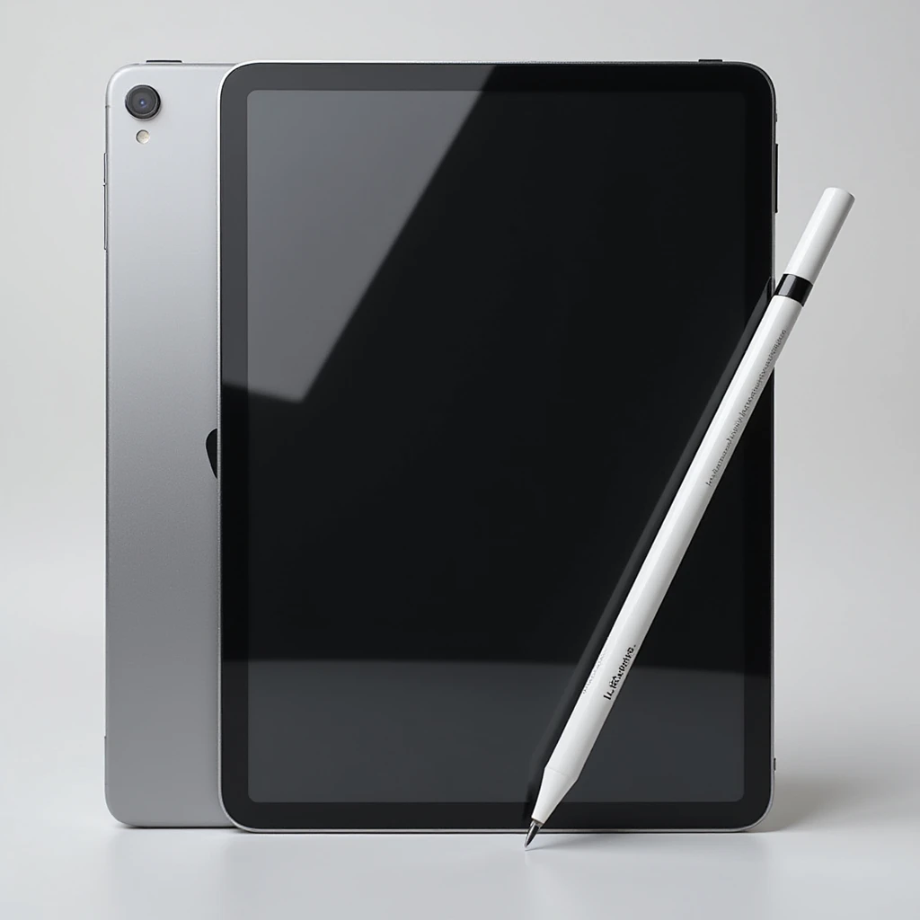 an iPad Pro with Apple Pencil, realistic style, on a white background, detailed, photorealistic, modern device, screen reflection, metallic edges emoji