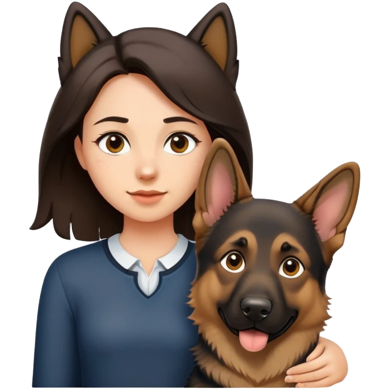 a girl with shoulder length dark brown hair with a German shepherd. emoji style, white background  emoji