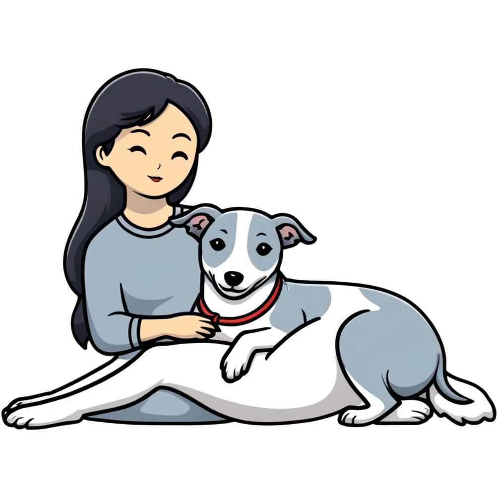 Very thin Chinese woman with long black hair relaxing in a luxurious hotel suite with exactly ONE whippet dog. EXTREME IMPORTANCE: the whippet must be ONE SOLID MEDIUM GREY COLOR (not too dark, not too light) from nose to tail with ABSOLUTELY NO WHITE MARKINGS anywhere - NO white on face, NO white on muzzle, NO white on chest, NO white on paws, NO white on tail - NOTHING BUT A SINGLE SHADE OF MEDIUM GREY throughout the entire animal emoji