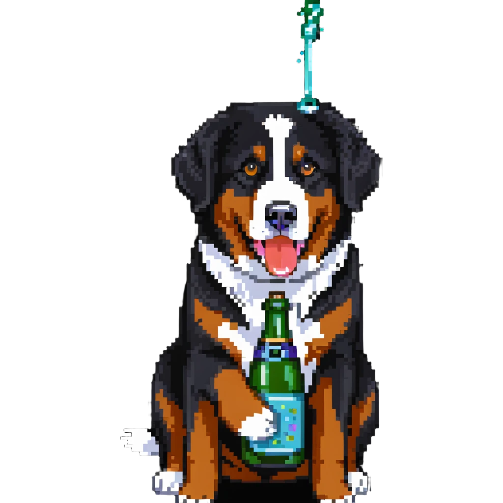 bernese mountain dog holding a toy champagne bottle in its mouth emoji