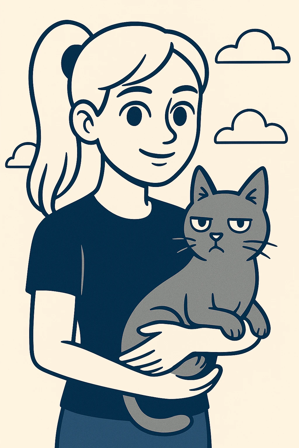 Change the girl's hairstyle to a high ponytail, keep long blond hair, brown eyes, and a grey cat, in a friendly, modern illustration style with flat blue colors and clean lines. emoji