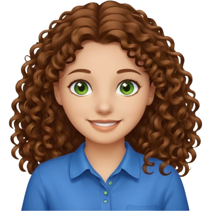 girl with brown hair, green eyes with a blue shirt no background ,young with curly hair smileing long hair emoji