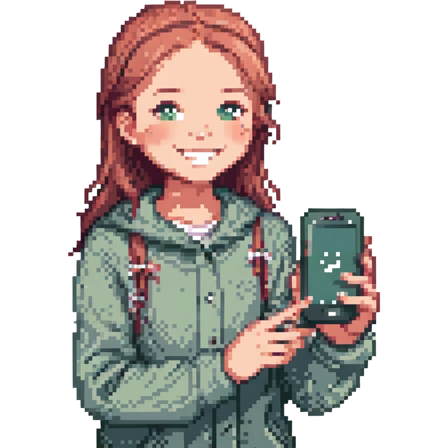 a girl holding a smartphone, smiling emoji