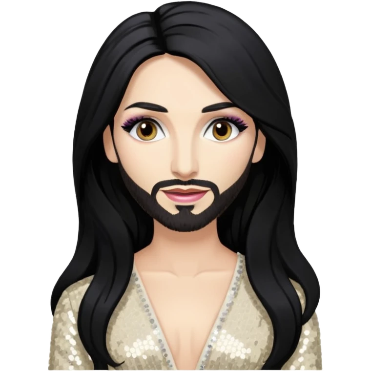 Conchita Wurst with long black hair, ivory sequin outfit emoji