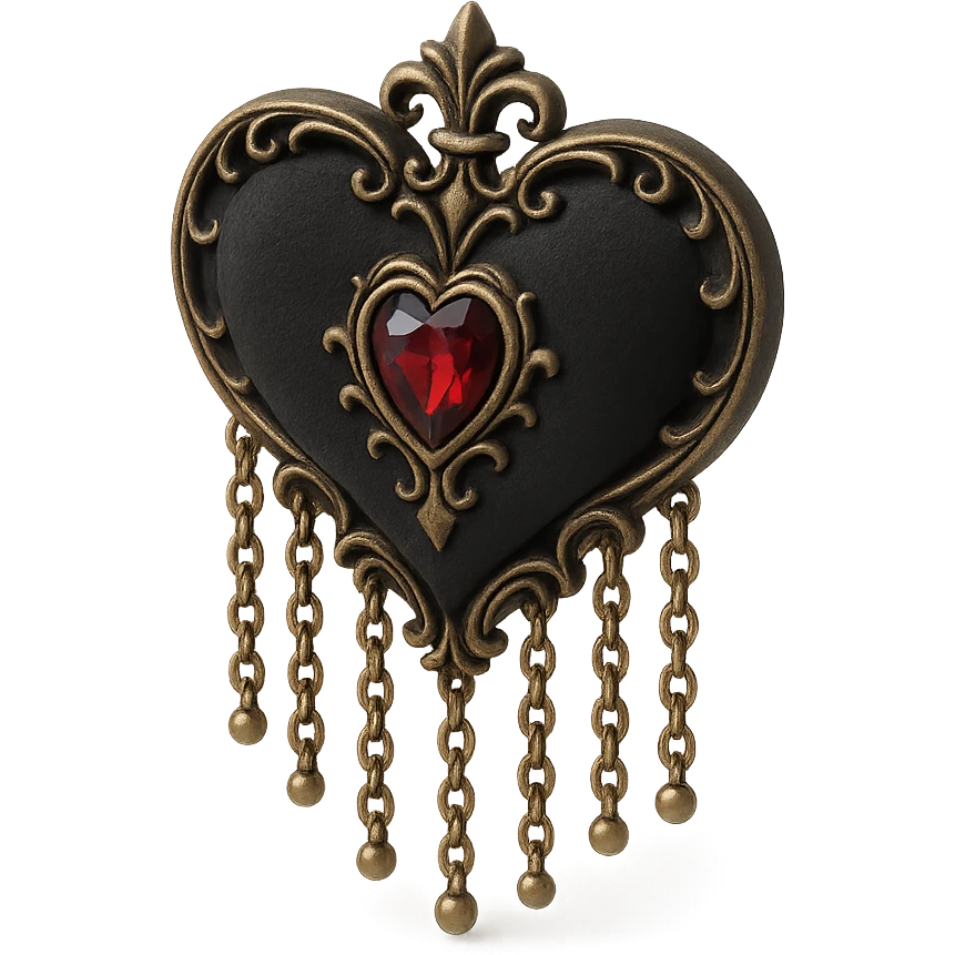 gothic heart in 3D black style, black velvet texture, silver chain fringe, dark ruby center, ornate and dramatic emoji
