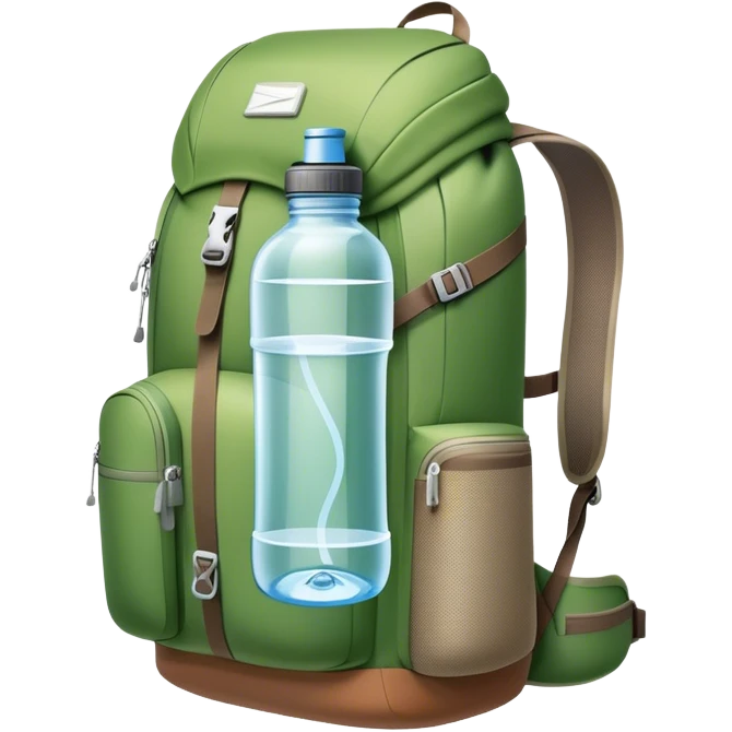 Icon for Ecotourism: a lightweight hiking backpack with a reusable water bottle, placed against a backdrop of lush green nature, with trees and a scenic trail. The icon should represent eco-friendly travel and the beauty of the outdoors. Transparent background. emoji