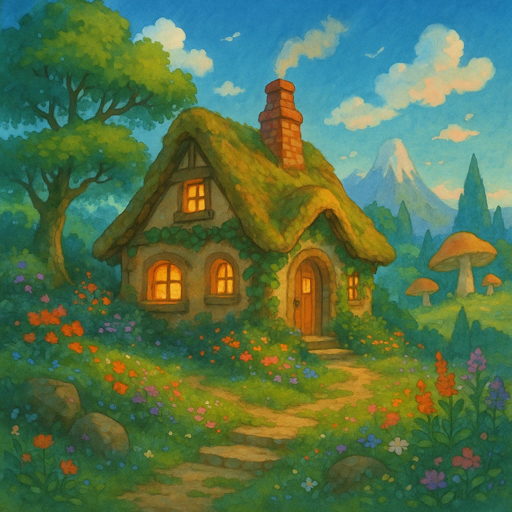 a cozy cottage in a magical landscape, Ghibli style emoji