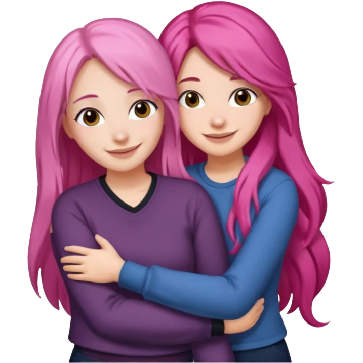 Surprisingly goofy once they open up. Strong, loyal, and incredibly supportive — but still hates wasting time. woman long pink hair hugging another woman with dark hair emoji