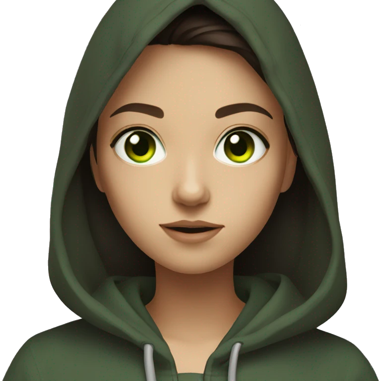 selfie of a girl in hoodie dark brown hair and green eyes emoji