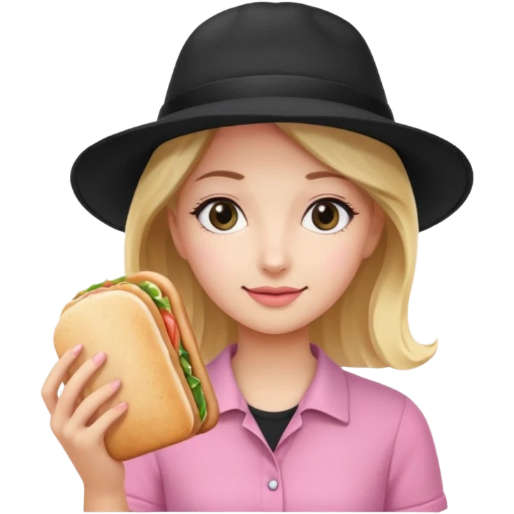 Girl wearing a pink shirt and a black hat holding a panini emoji