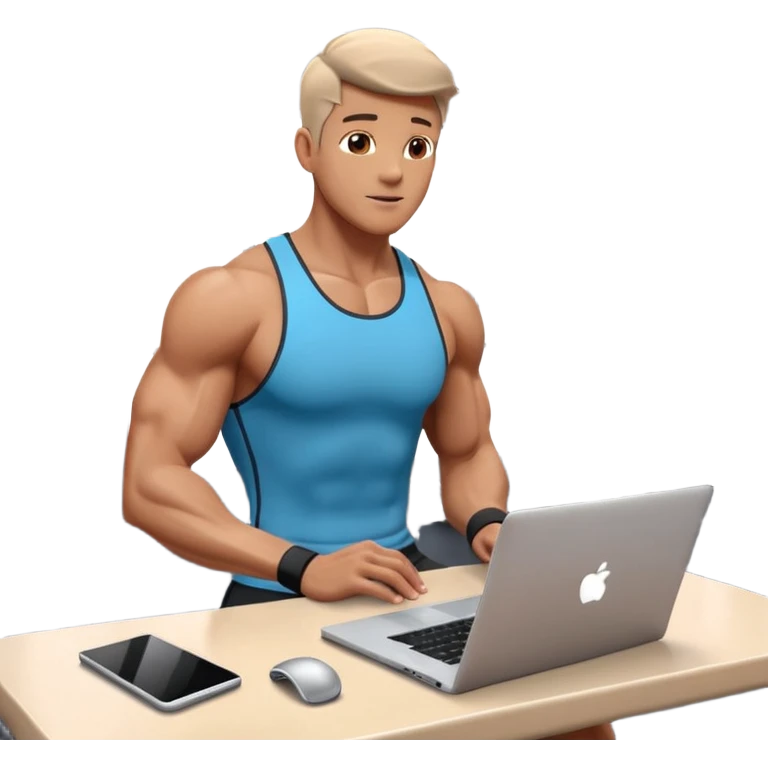 Open laptop on a dark background, showing a male fitness trainer inside a modern professional gym on the screen— smooth rounded edges, soft lighting, no text or logos, minimalistic and high-quality rendering. Only the laptop is visible, centered emoji