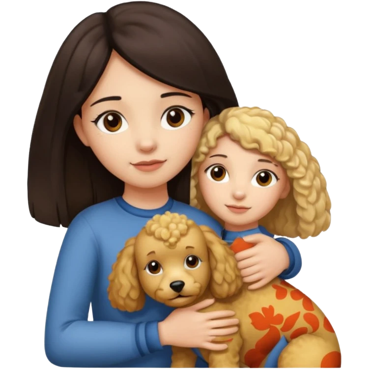 Ludo (ragazza mora capelli lisci) che abbraccia il suo cane leone (un barboncino biondo) emoji