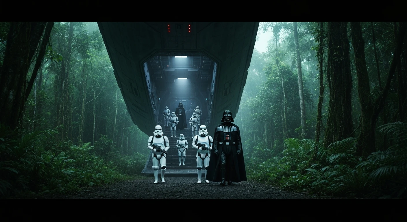 cinematic still, Medium shot, amazon jungle, Darth Vader around stormtroopers coming out from starship on ground, they are exploring the jungle, inspired by StarWars movie, captured by arri alexa emoji