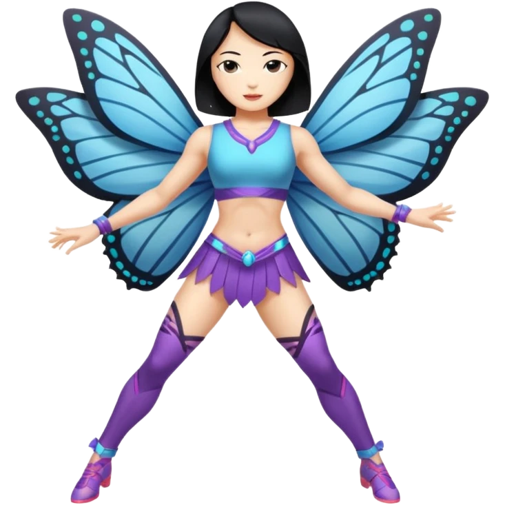 full body east asian woman black hair bob muscular build butterfly blade dancer emoji