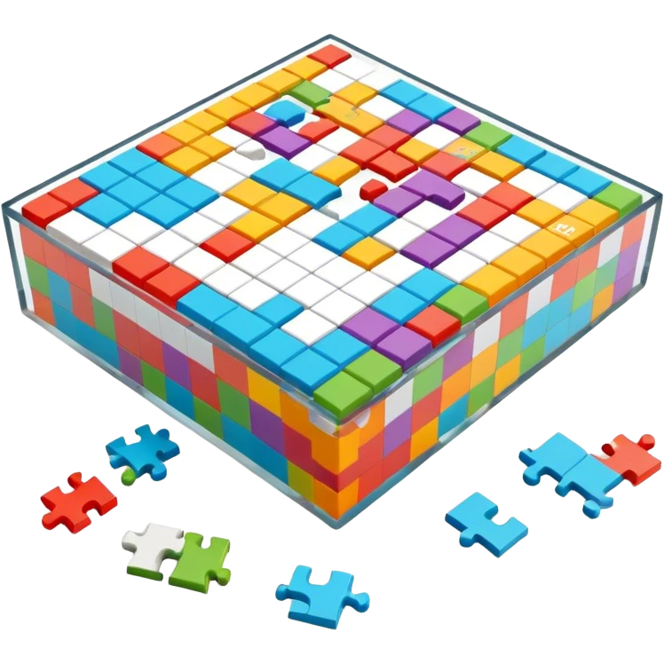 A photorealistic icon with a colorful, fragmented crossword magazine, a 3D puzzle, and a partially completed puzzle on a table. Bright, detailed design with realistic lighting. Transparent background, clearly symbolizing puzzles and brain games. emoji