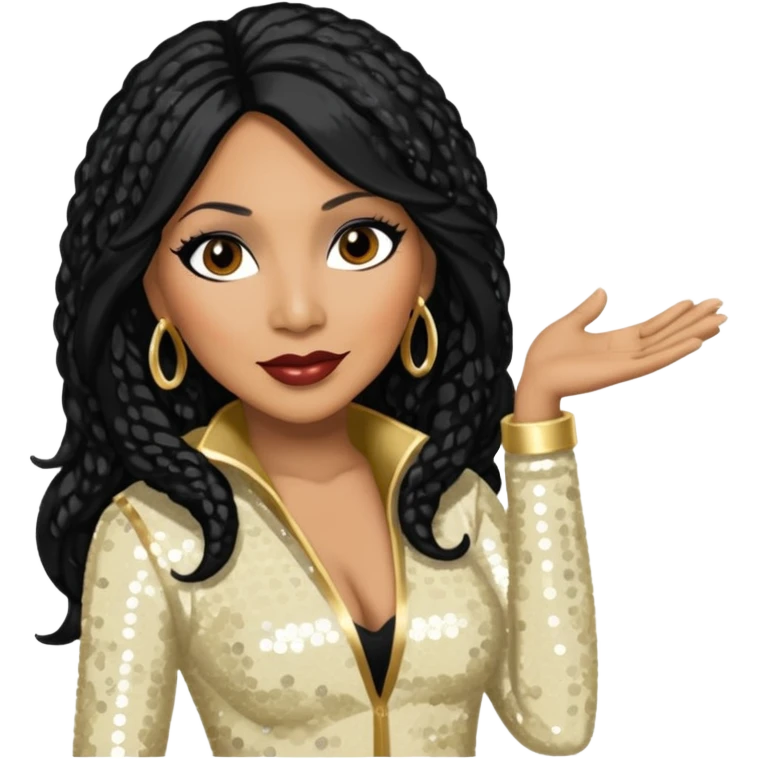 Trina Braxton with long jet black hair, cream sequin outfit emoji