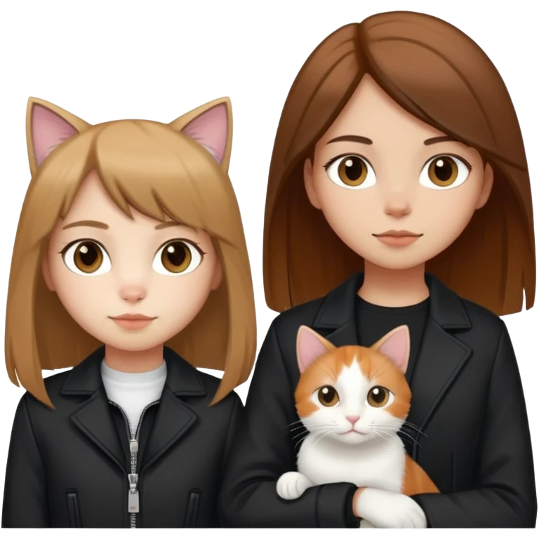 Light-skinned girl with brown straight hair wearing a black jacket, along with one pure white cat and one calico cat emoji