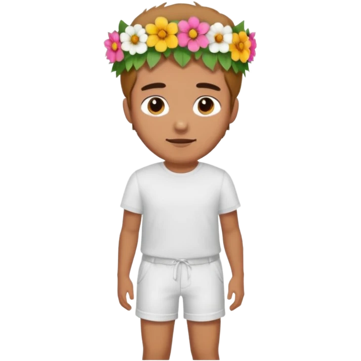 Man with flower crown and white shirt, body emoji