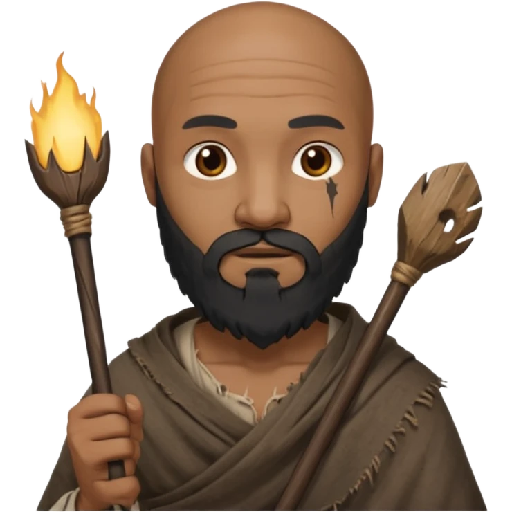 black ancient man, tattered cloth with raw stick weapon, beard and bold emoji