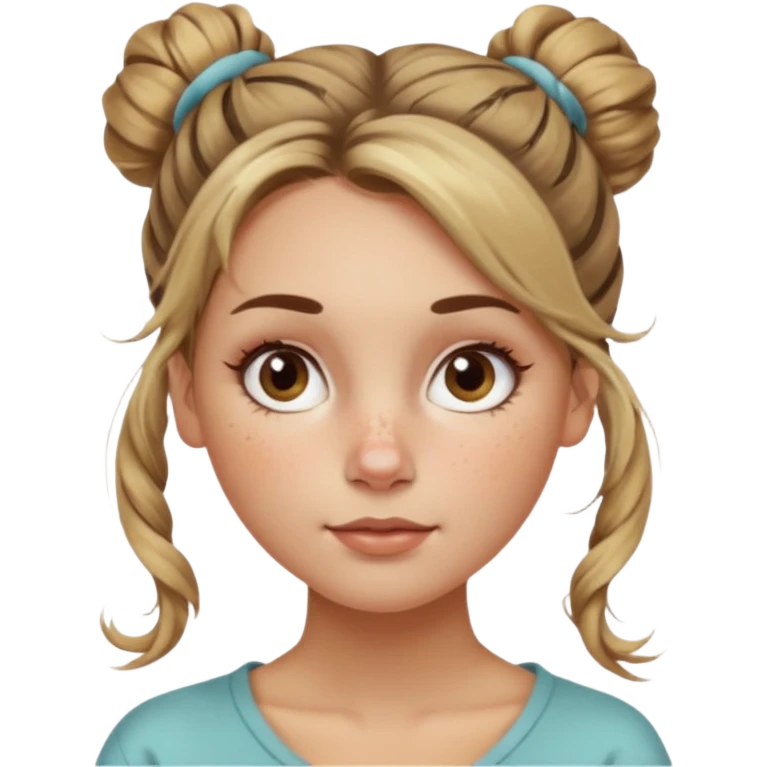 creative women with long dark Blond with highlights semi curly hair white women with hair in a messy bun, oval shape face hazel eyes long lashes freckles on the nose high cheek bones emoji