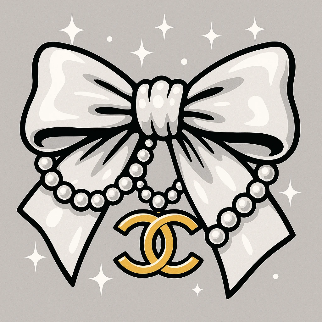 elegant bow with pearls and gold Chanel logo, sparkling effects, glossy, monochrome emoji