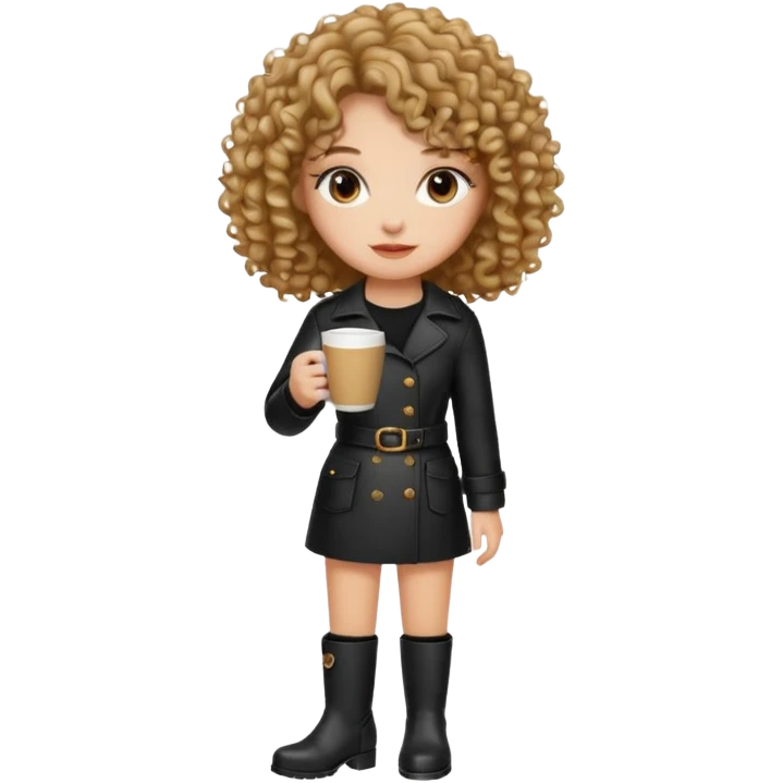 A girl with a Coffe and a curly hair a black boots emoji